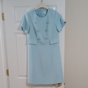 Powder Blue Short-Sleeve Midi Dress with Covered Button Detail